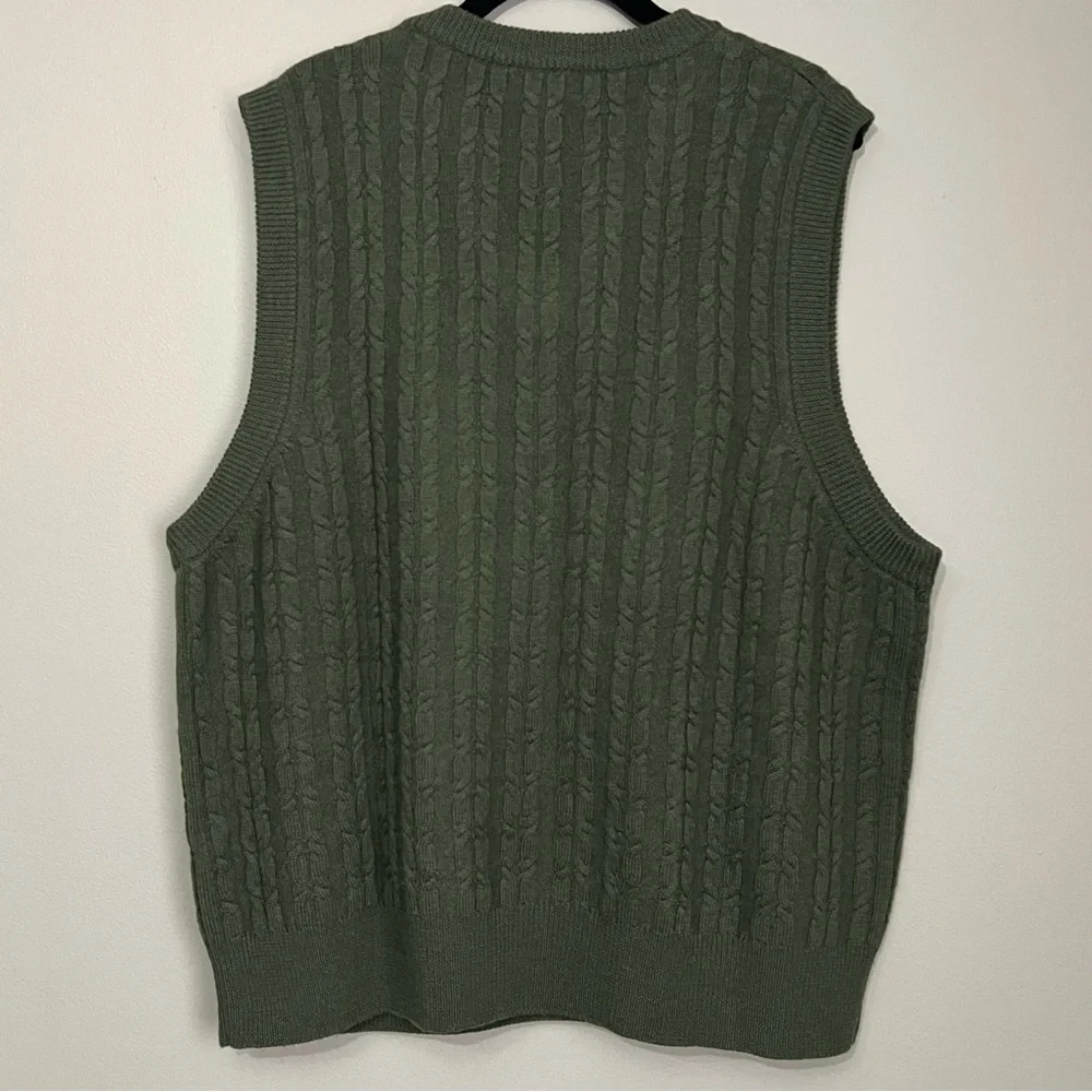 V-neck Cable Knit Green Wool Sweater Vest L Classic Heritage Preppy Academic